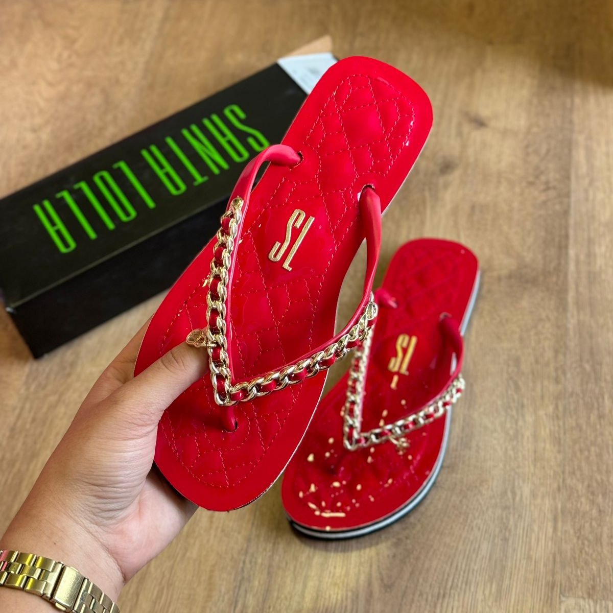 Sandália Santa Lolla Flip Flop Corrente Dourada 0106.0D67